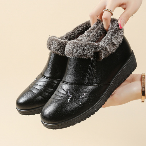 Old Person's Cotton Shoes, Mother's Shoes, Winter Fleece Padding Flat Slip-Resistant Soft Sole Cotton Shoes, Low-Top Leather Cotton Shoes for Middle-Aged and Elderly Women in Winter