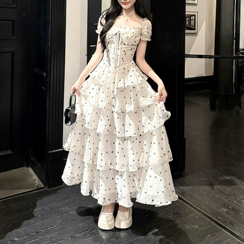 Kikyo House Cloud Layered French Square Neck Heart Polka Dot Dress for Women, Summer Waist-Cinching Slimming Cake Long Dress