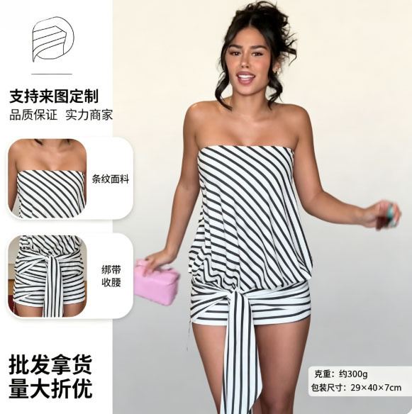 Cross-border European and American diagonal striped strapless dress, elegant and feminine, with tie-waist, holiday style short dress, wholesale for foreign trade Cross-border European and American diagonal striped strapless dress, elegant and feminine, with tie-waist, holiday style short dress, wholesale for foreign trade