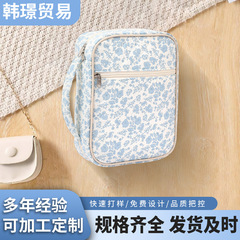 清新碎花手提收纳包便携文具杂物整理袋灯芯绒草莓图案收纳袋