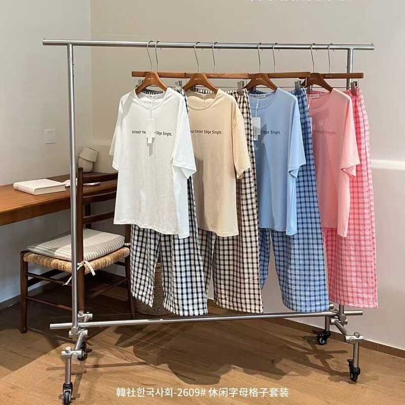 Korean Brand 2609 Casual Letter Print Plaid Set Foreign Trade Short-Sleeve Long Pants Women's Comfortable Lazy Loungewear Pajamas