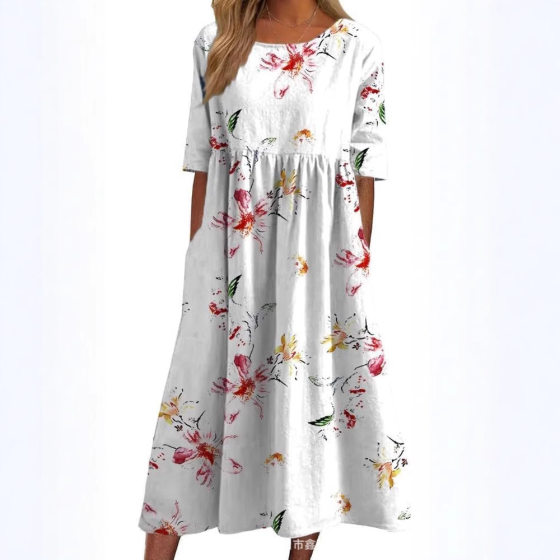 European and American 2025 New Women's Casual Round Neck Pullover Short Sleeve Printed Pleated Waist Large dress Dress
