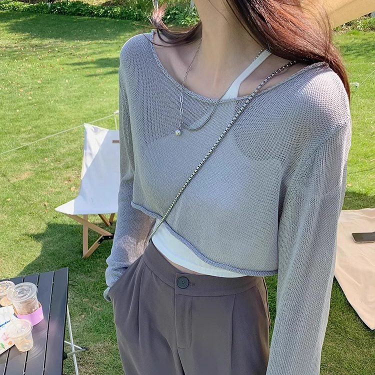 Ice Silk Thin Knitted Sweater Women's Summer with Sling Loose Short Half-section Sunscreen Blouse Top T-shirt