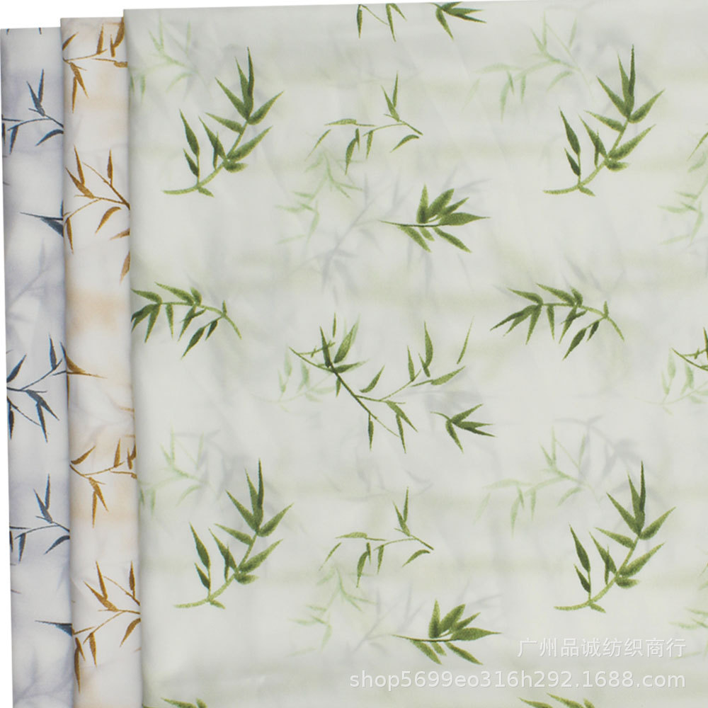 破卡平纹缎印花竹子画竹雪纺印花布春夏女衬衫连衣裙防蚊裤面料