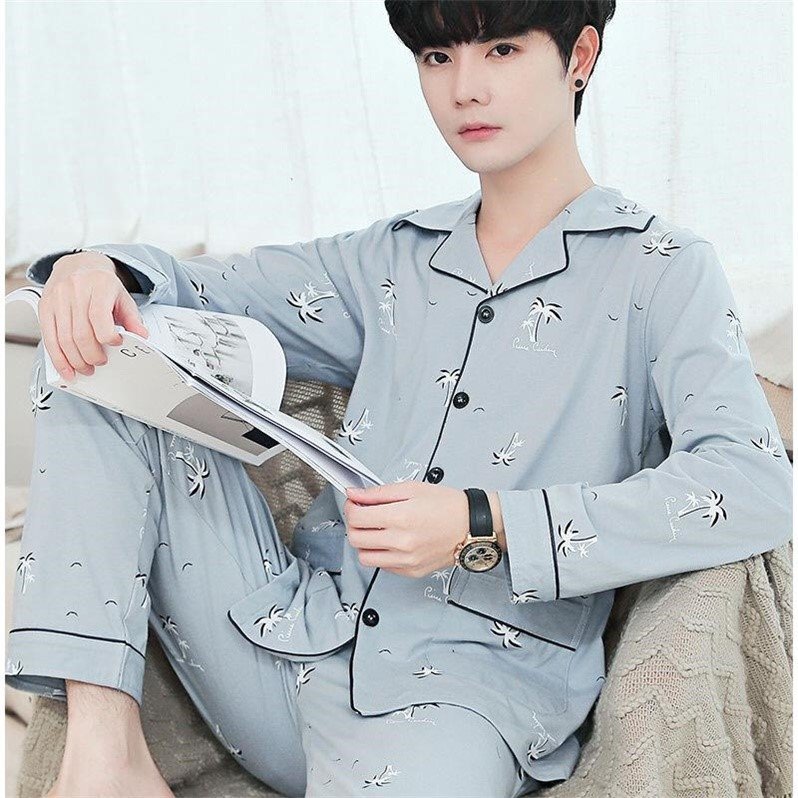 100% algodón Pijama de primavera y otoño de los hombres de manga larga pantalones de algodón de la juventud de los hombres delgados traje de desgaste para el hogar