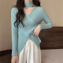 秋冬针织毛衣女设计感小众v领长袖镂空挂脖开叉半高领打底衫上衣