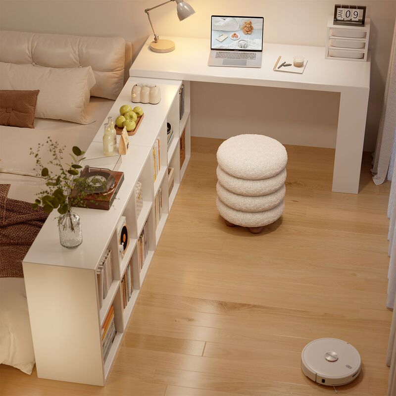 Solid Wood Corner Desk and Bookshelf Combo for Home Use, Girls' Bedroom Vanity Table, Semi-Enclosed Bedside Cabinet, L-Shaped Computer Desk
