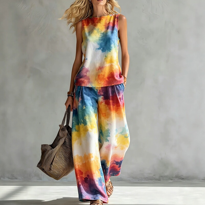 Summer New Style Rainbow Tie-Dye Sleeveless Round Neck Top and Wide-Leg Pants Two-Piece Women's Casual Suit Linen Suit Summer New Style Rainbow Tie-Dye Sleeveless Round Neck Top and Wide-Leg Pants Two-Piece Women's Casual Suit Linen Suit