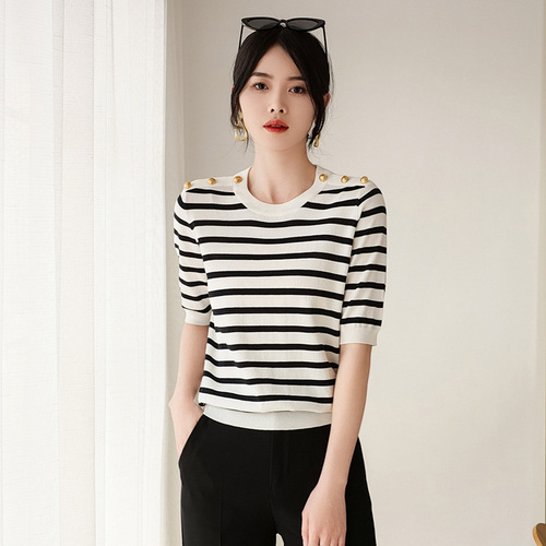 2023 summer striped knitted short-sleeved women's loose t-shirt temperament casual style knitted sweater tops wholesale
