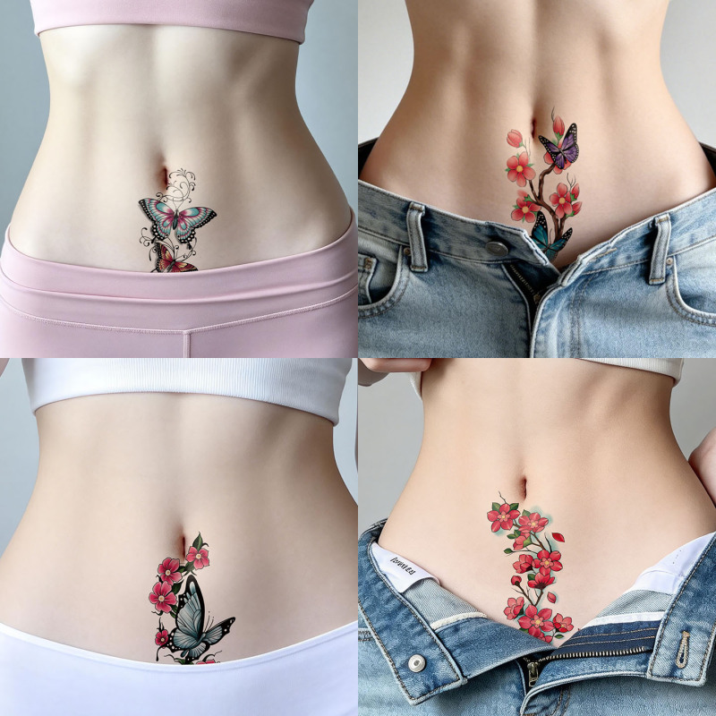 New Style Splash-Ink Style Colorful Flower and Butterfly Tattoo Stickers to Cover Vertical Scars from Cesarean Section, Waterproof and Long-Lasting, Chinese Style for Abdomen