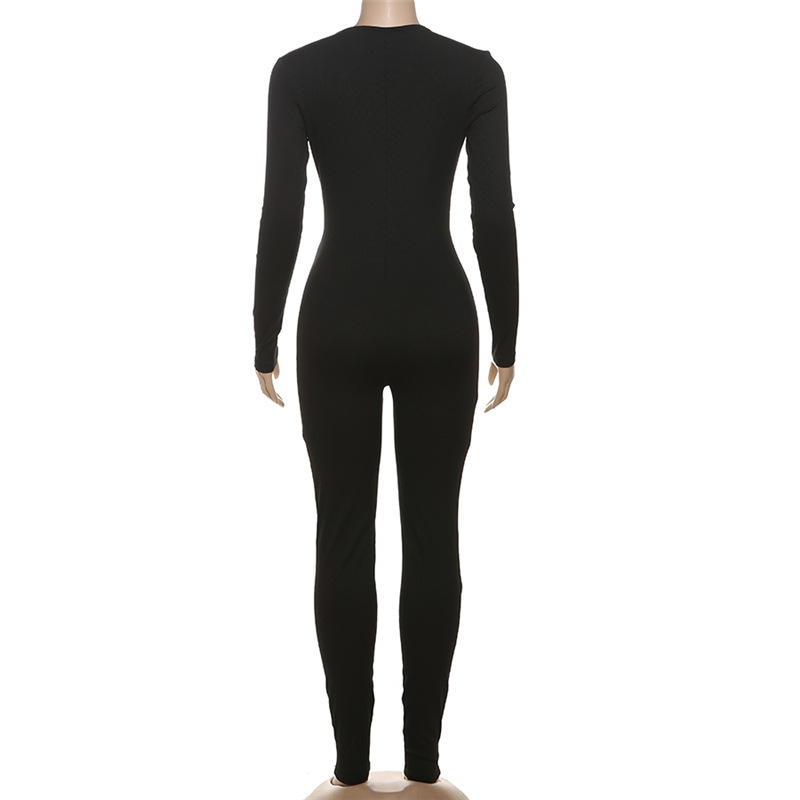 Mono deportivo sexy de otoño e invierno con escote en V profundo, ajustado, de manga larga y color liso para mujer