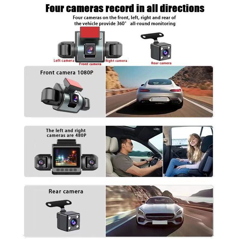 Cross-Border New Model Four-Lens Dash Cam That Records Both Inside and Outside the Car, with High-Definition Night Vision and Wide-Angle Reversing Images