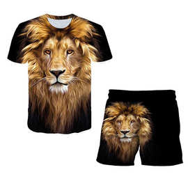 2024卡通3D数码印花黑色狮子圆领沙滩裤夏季套装T恤男士短袖