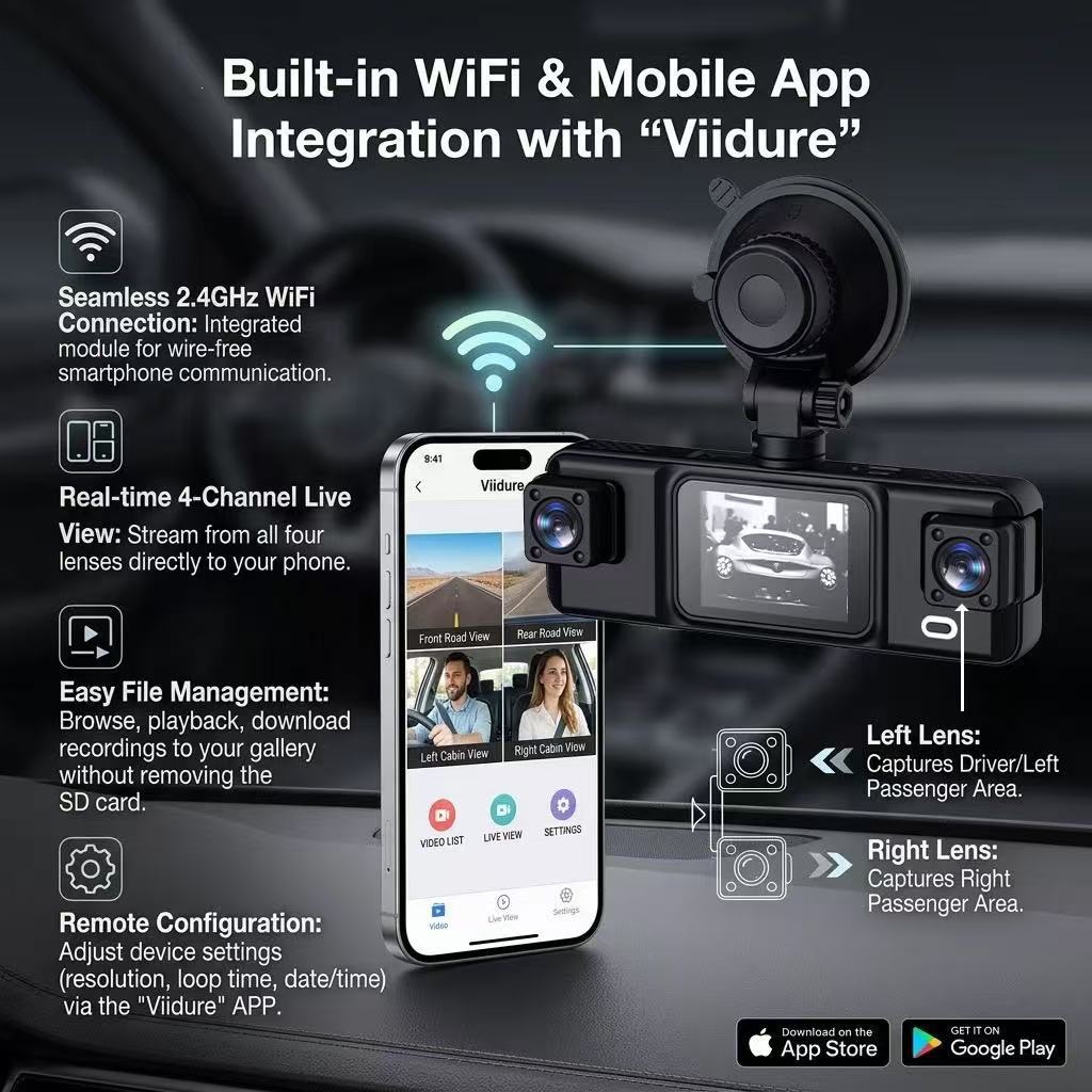 New cross-border dashcam with HD 1080 four-camera recording, WiFi mobile phone connectivity, reversing image, night vision, and four lenses