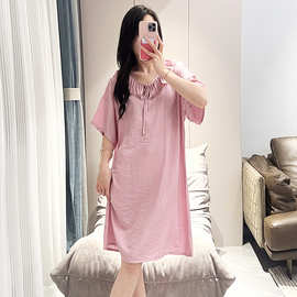 天丝棉圆领睡衣裙女夏季简约纯色五分袖睡裙家居服可外穿慵懒风
