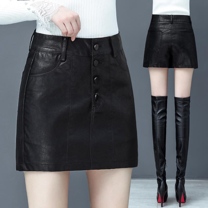 PU Leather Pants and Skirt Women's 2020 Autumn and Winter New Korean-style a-shaped Shorts High Waist Slimming Outer Wear Hip Leather Shorts Boots Pants p