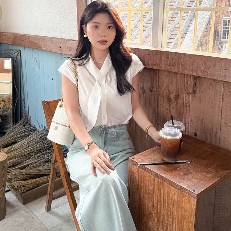 Cross-Border Foreign Trade Mr【Polyester and Nylon Wrinkle】French-Style Elegant High-End Shirt with Fluttering Collar and Small Flying Sleeves, Loose Design Cross-Border Foreign Trade Mr【Polyester and Nylon Wrinkle】French-Style Elegant High-End Shirt with Fluttering Collar and Small Flying Sleeves, Loose Design