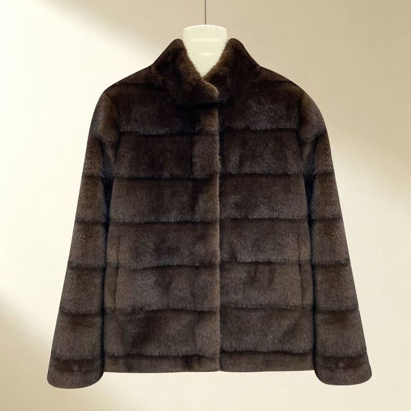 Short Stand-Collar Coat with a Luxurious and Relaxed Style, Horizontal Grid Fur Coat, Warm Faux Mink Fur Coat