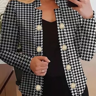 2023 New Amazon AliExpress European and American Women's Long Sleeve Printed Top Buckle Small Suit Jacket