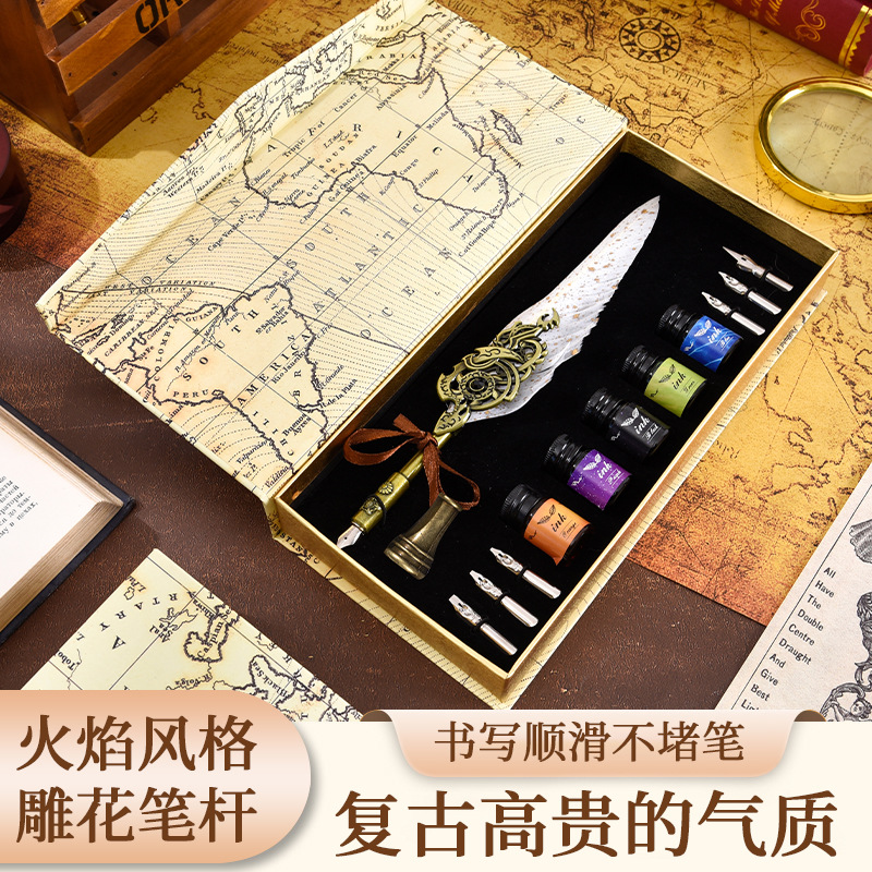 European Retro Map Magnet Box, Flame Wing Steel Pen, Ink Pen Ink Advertising Gift, Feather Pen Set