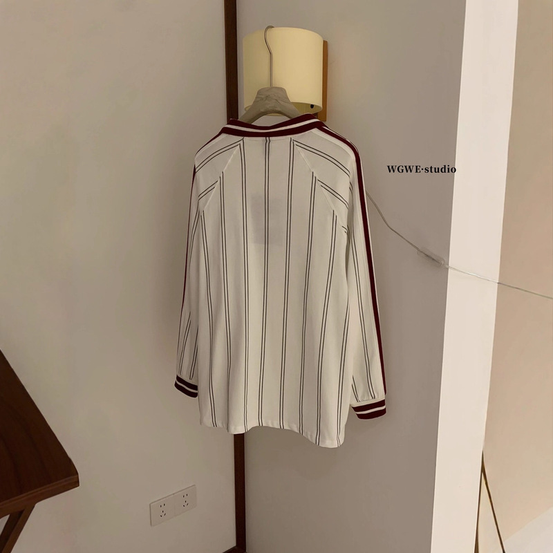 WGWE7160#美式复古球衣短袖T恤撞色条纹V领运动风长袖T恤|undefined