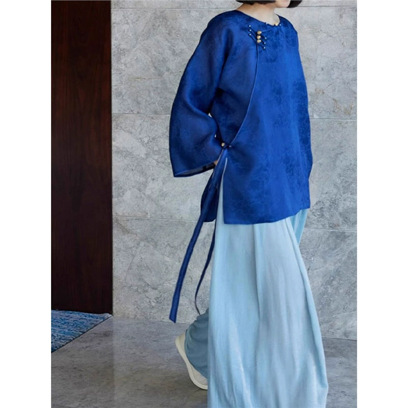 OK-3045 Новый китайский стиль холодный национальный ветер синяя рубашка ранней весной новый темперамент высокого уровня ретро пряжка