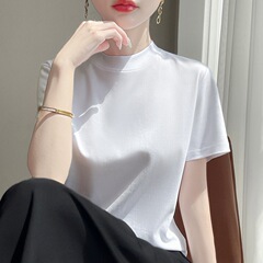 新しい女性の夏のクールなオーストラリア綿無地ハーフタートルネックショルダー半袖 Tシャツカジュアルルーズ痩身ドーパミントップ