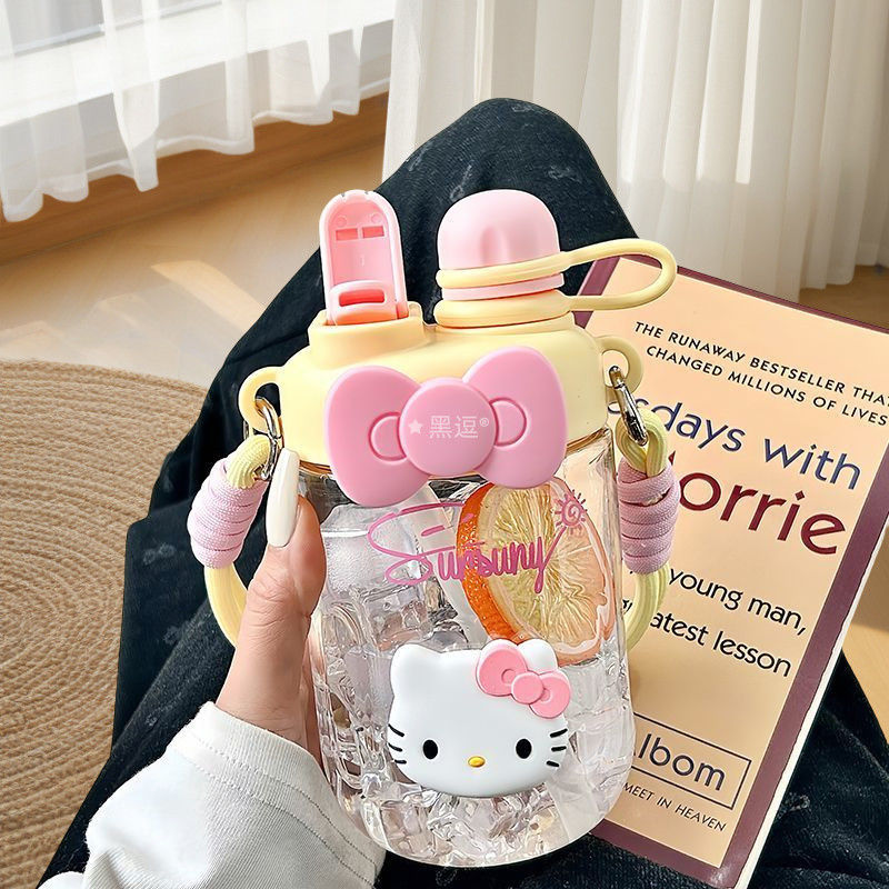 hellokitty Water Cup Summer Double Drinking Girls High-value Portable Plastic Cup with Straw for Students