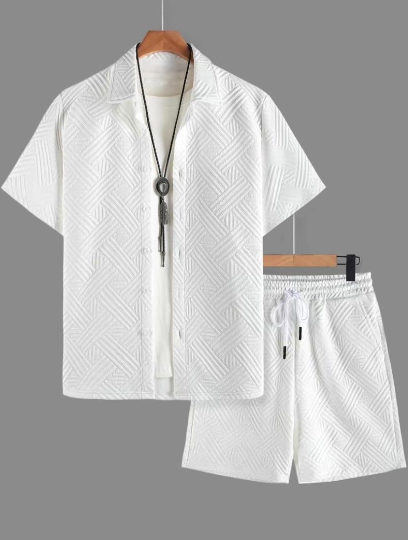 Nuevo comercio exterior transfronterizo nuevo hombre de verano Jacquard de color sólido con solapa Cardigan con solapa Casual camisa de manga corta set