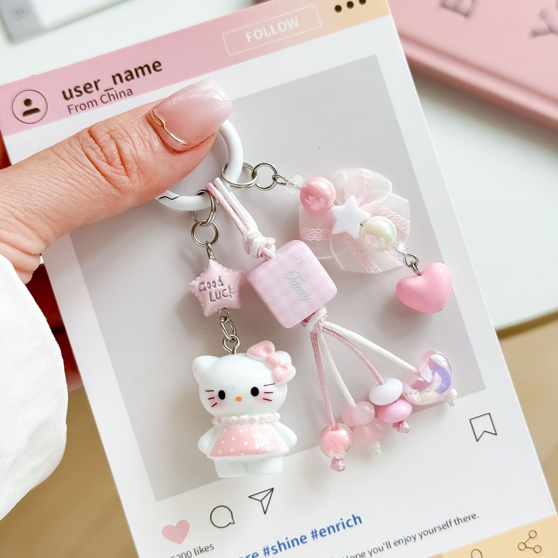 Cute Cartoon Kitty Keychain Sweet Beaded Pendant Mobile Phone Chain Kitten Heart Bag Pendant Small Gift
