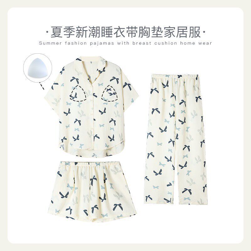Li Yin's Niche Designer's New Bubble Cotton Women's Pajamas, Summer Short-Sleeved, Suitable for Going Out, Home Wear, Three-Piece Set