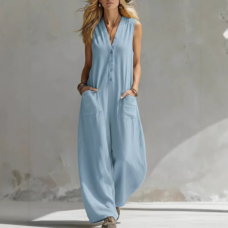 2026 New Spring and Summer Women's Casual Linen Cotton Sleeveless Jumpsuit with Wide Legs