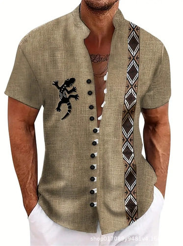Lifestyle Short-Sleeve Shirt for Men Loose Fit Collarless Top with African Tribe 3D Print Breathable and Moisture-Wicking