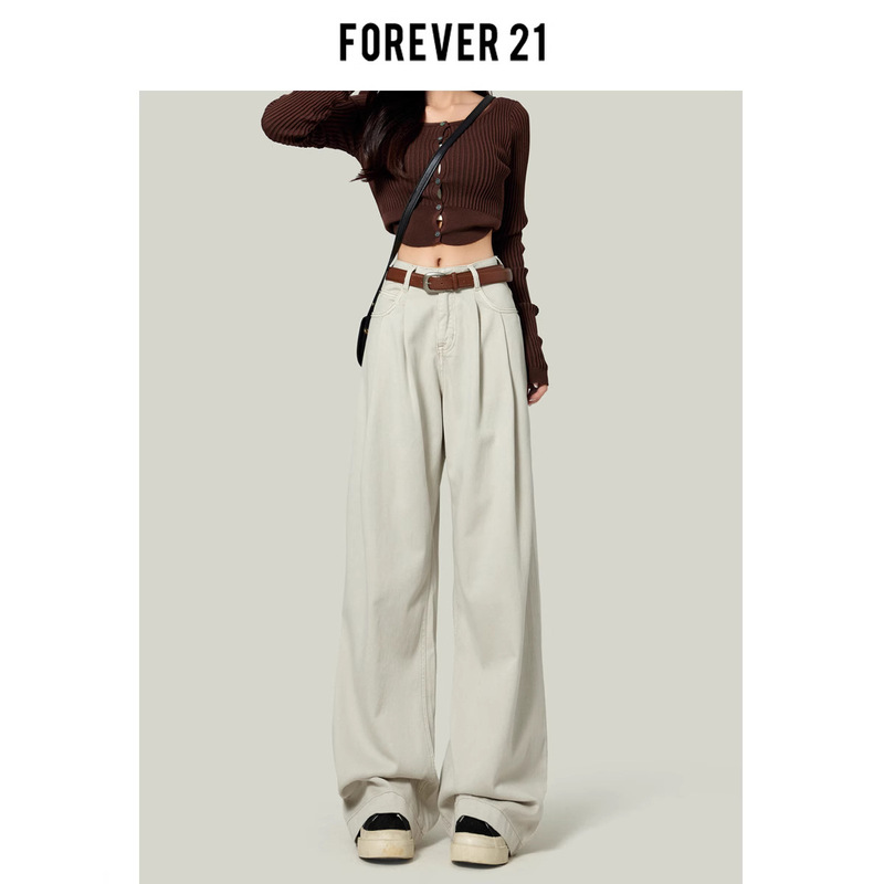 Forever 21 Cement-Colored Wide-Leg Jeans for Women 2025 New High-Waisted Petite Straight Wide-Leg Floor-Length Pants