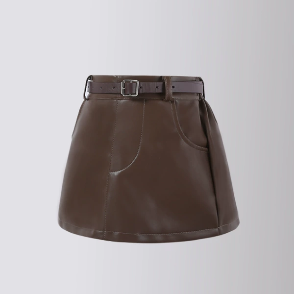 Brown skirt, belt, hip-accented