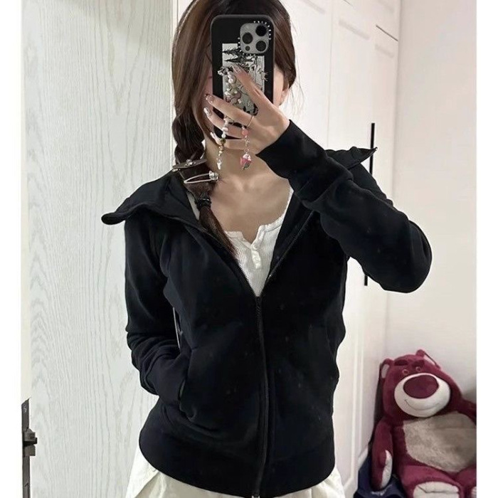 双层帽 修身运动外套女秋冬跨境欧美风新款收腰显瘦连帽拉链卫衣|undefined