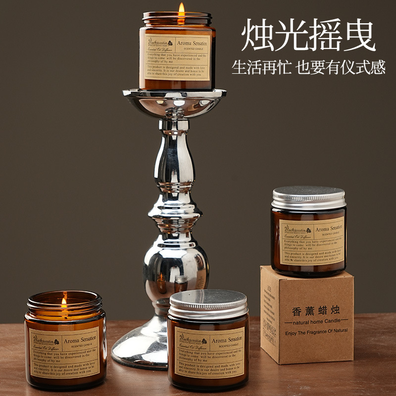 ニッチな香りのキャンドル、茶色のカップ、小さな茶色のボトル、自宅の寝室のアロマテラピー、フレグランスギフト、植物エッセンシャルオイルのお土産|undefined