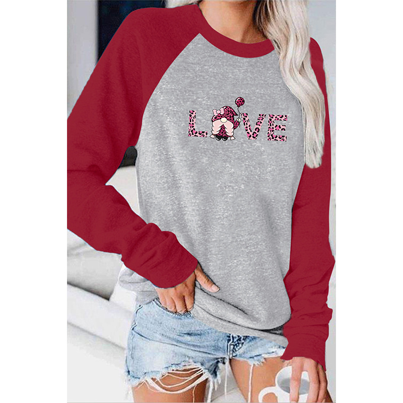 Summer round neck patchwork long sleeved t-shirt, women's LOVE Valentine's Day printed top_voghion.com