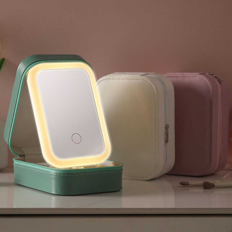 Transfronterizo LED con lámpara espejo de maquillaje caja de joyería mujer gran capacidad espejo de maquillaje viaje caja de almacenamiento de cosméticos