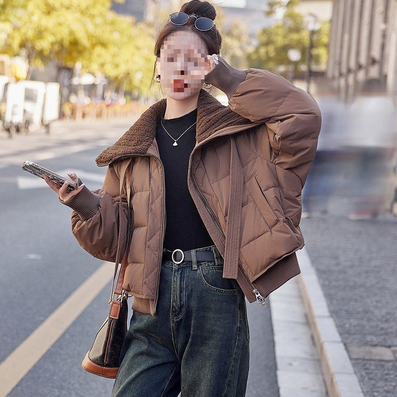 短款羽绒服2025冬季小个子高级感超好看美羊羔毛拼接立领面包服女
