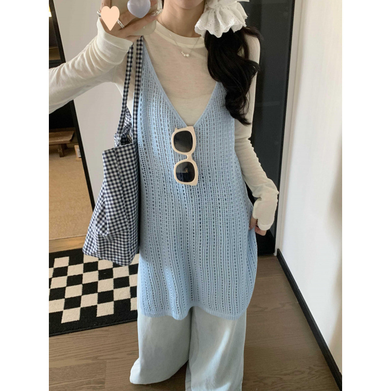 Gentle Korean Style Girly Lazy Literary New Style Hollow Solid Color Knitted Vest Popular Style for Spring Layering