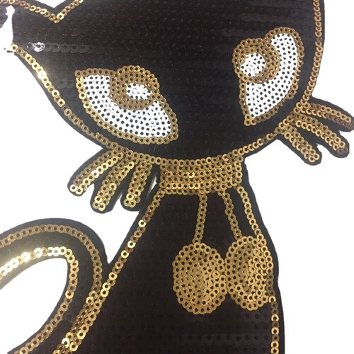 Felt patch decoration for clothing accessories, women's clothing, T-shirts, sweaters, embellishment patches, shiny black cat bead embroidery, large size