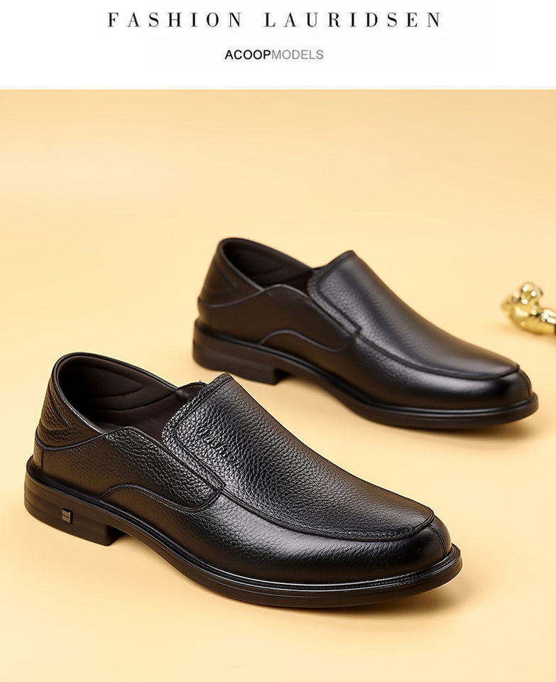 Giày lười nam da bò lớp đầu, đế mềm thân mềm, gót thấp 1–3 cm, kiểu mũi tròn cổ thấp — DT9602 màu đen chi tiết 16