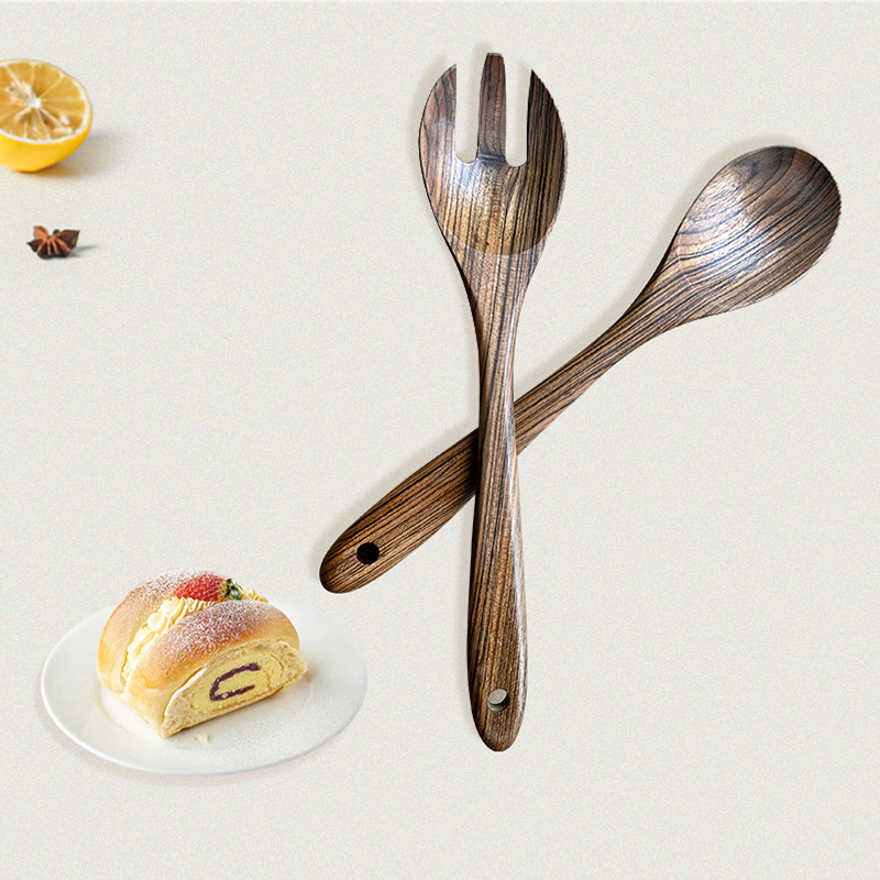 橄榄木勺子沙拉套装长柄木勺木叉烹饪勺搅拌勺子色拉叉子两件套