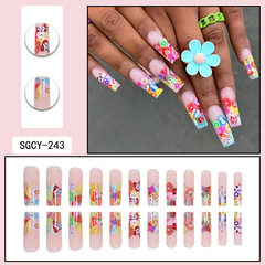 歐美長款塗鴉穿戴甲卡通假指甲貼片ins花朵穿戴甲清新成品美甲片