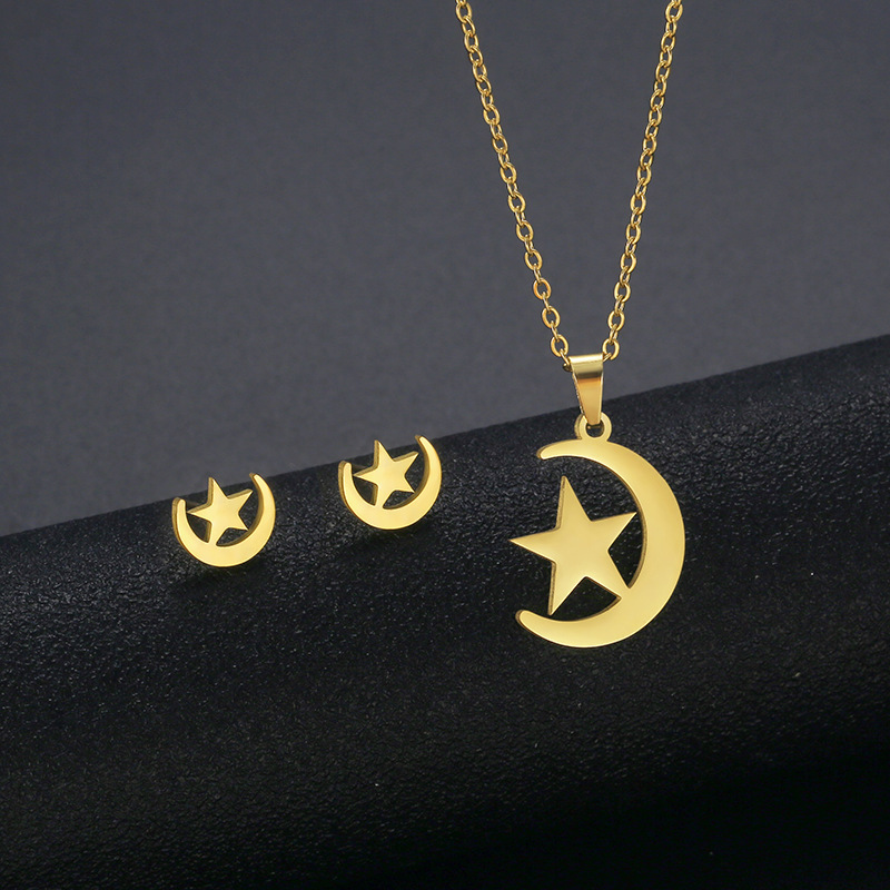 new star necklace earrings set stainless steel star and moon 18K gold-plated two-piece jewelry