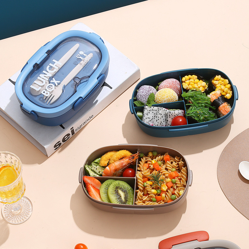 Caja de almuerzo de estilo coreano elíptico simple para estudiantes de oficina, caja de almuerzo portátil, platos divididos con tazas de agua, set de cubiertos