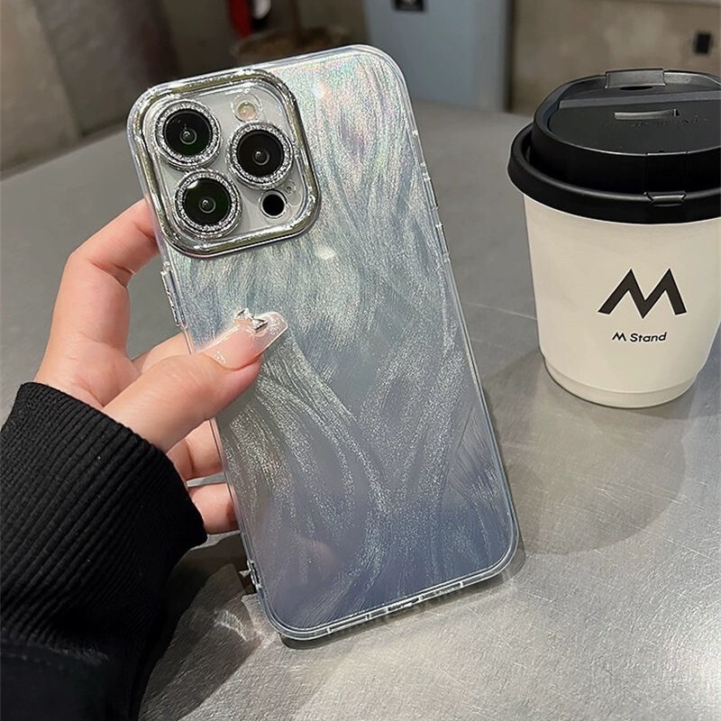Imd Feather Case Suitable for Apple 16, Fine Hole Phone Case, iPhone 17 Electroplated Frame, 11 Light Luxury, 12 Silver Feather Yarn