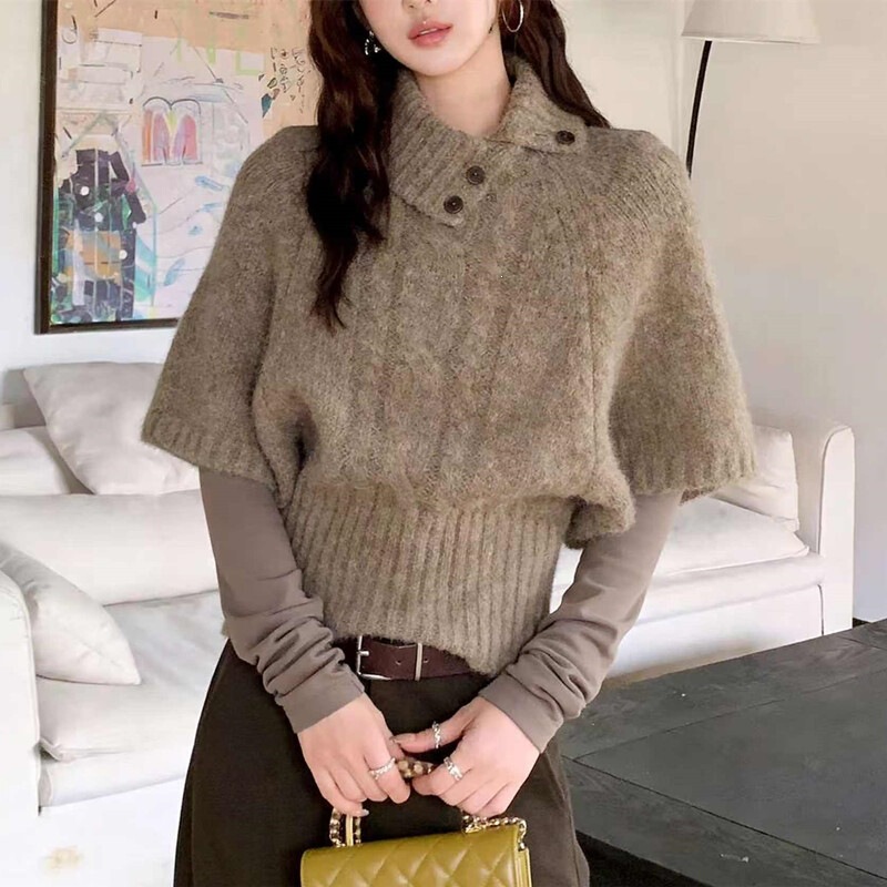 Autumn brown Korean-style collared high-neck short-sleeve knit sweater for women, early autumn inner layer, casual mid-sleeve cape top