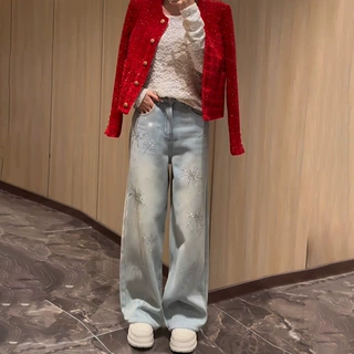 浅蓝色碎花烫钻直筒牛仔裤女2026春季新款爆款高腰宽松显瘦阔腿裤
